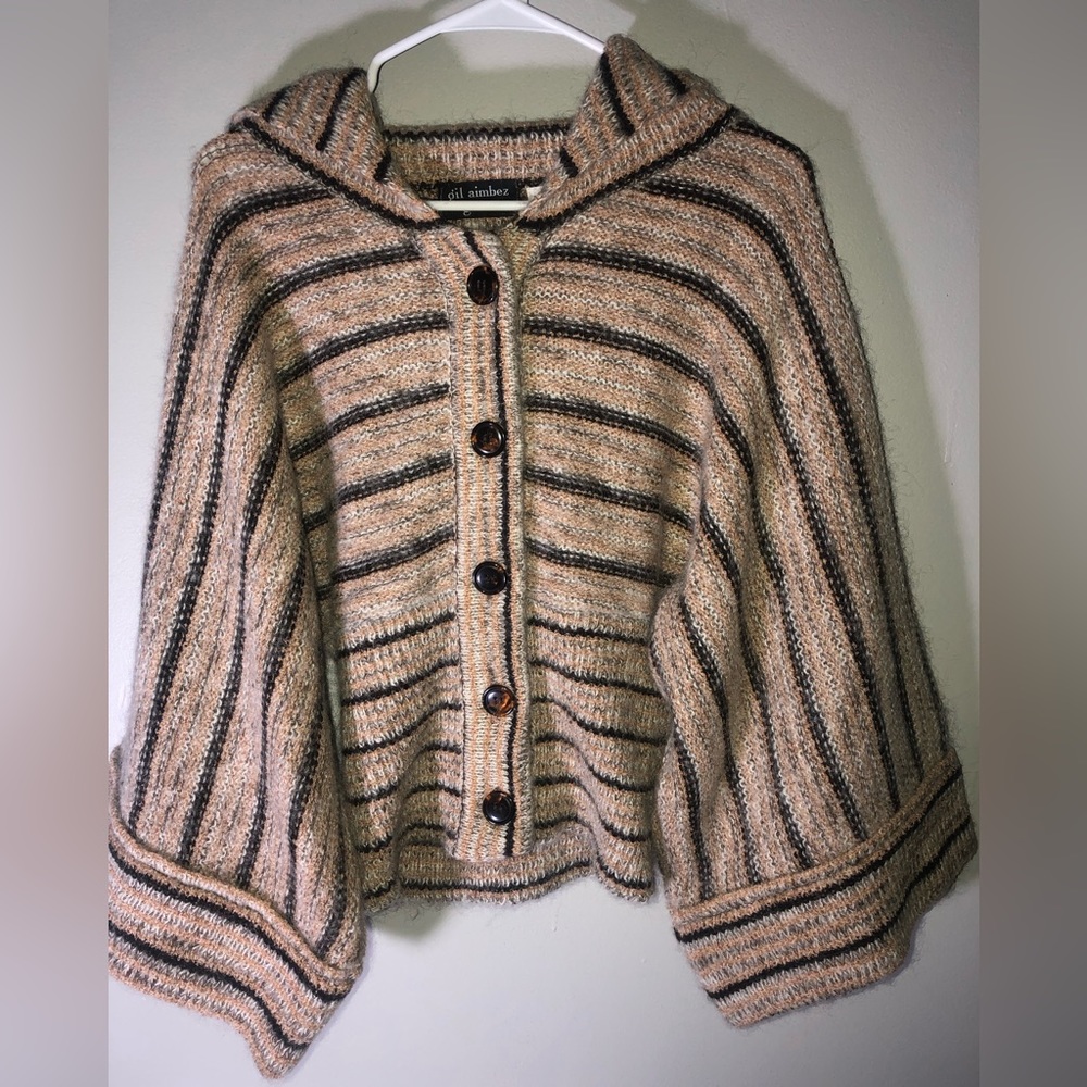 vtg 70’s Gil Aimbez Mohair Hooded Sweater women’s-L button striped Knit